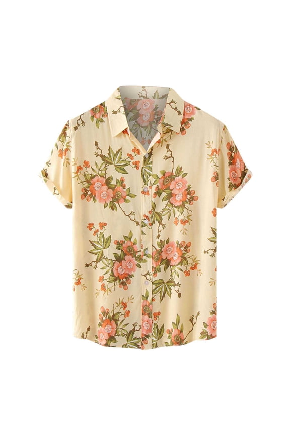 Mens Vintage Floral Print Hawaiian Shirts Retro Style Short Sleeve Button Up Tops Lightweight Loose Fit Beach Tshirt