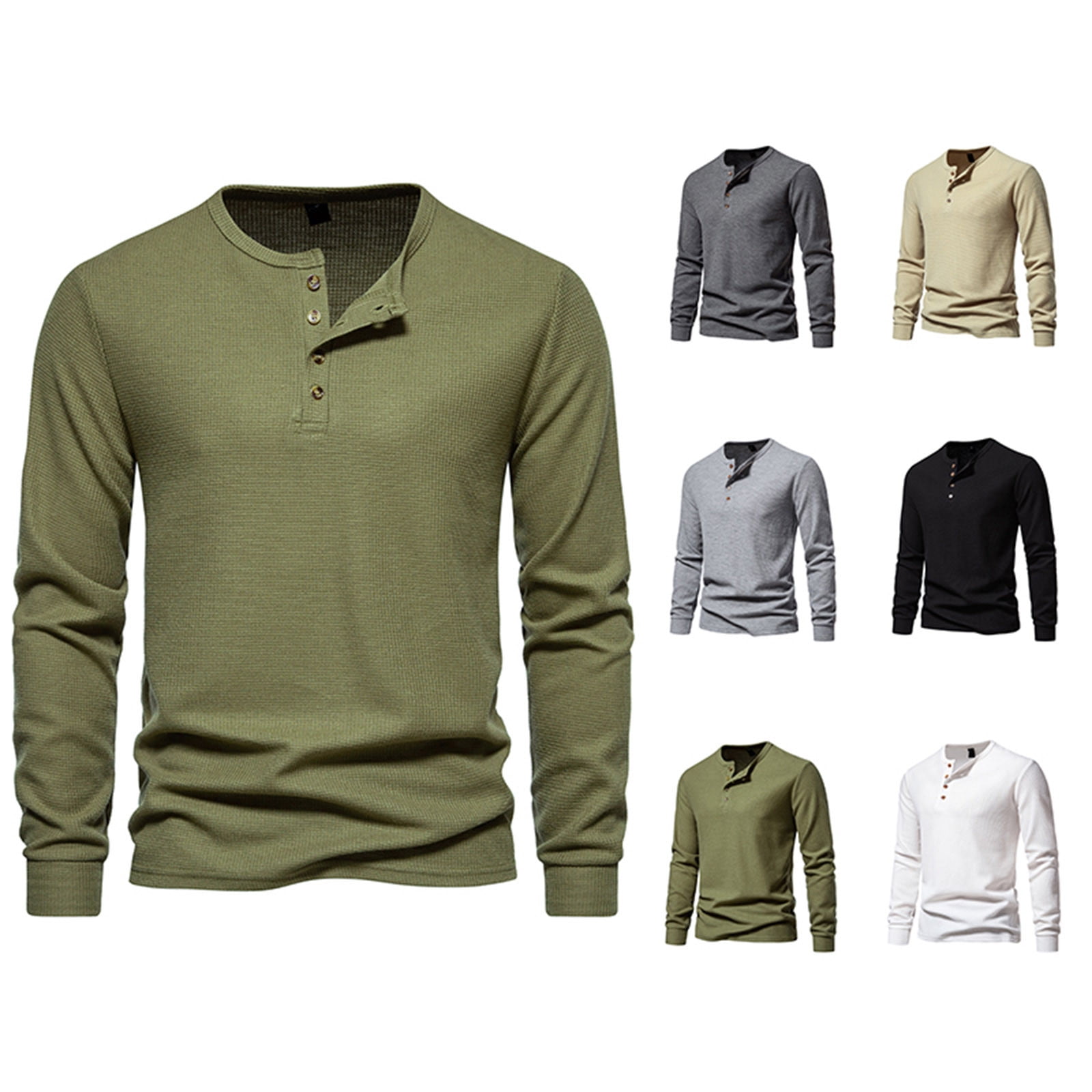 DDAPJ pyju Mens Waffle Knit Henley Shirt Long Sleeve 4 Button T-shirt ...