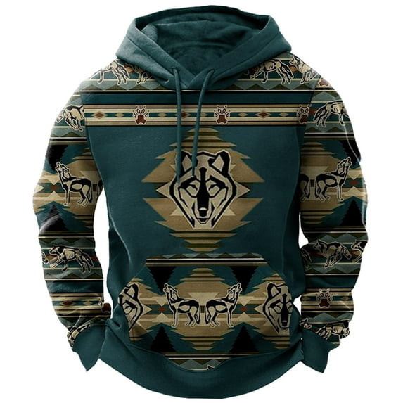 DDAPJ pyju Mens Western Aztec Hoodies 2025 ,Ethnic Style Wolf Totem Printed Long Sleeve Pullover Sweatshirts Fall Winter Casual Pocket Hoodie Big and Tall Drawstring Hooded Sweatshirt