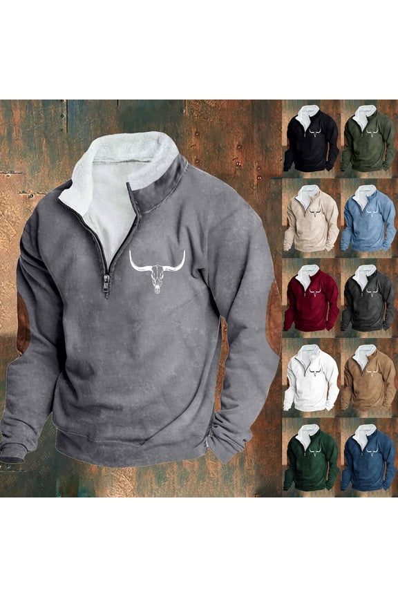 Mens Western Aztec Sweatshirt Quarter Zip Fleece Pullover Vintage Graphic Sweatshirts Long Sleeve Stand Collar Tops with Elbow Patches Army Green XXL