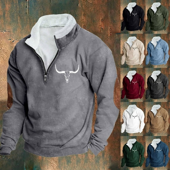 DDAPJ pyju Mens Western Aztec Sweatshirt Quarter Zip Fleece Pullover Vintage Graphic Sweatshirts Long Sleeve Stand Collar Tops with Elbow Patches Wine M