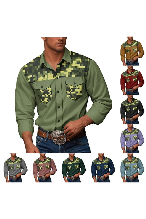 Mens Western Cowboy Shirts Camouflage Button Down Shirt Long Sleeve Work Shirts for Men with Two Pockets Wine S