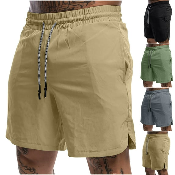 DDAPJ pyju Mens Workout Shorts Elastic Waist Drawstring Casual Athletic Shorts Lightweight Gym Running Basketball Shorts Basic Solid Summer Sweat Shorts with Pockets Khaki L