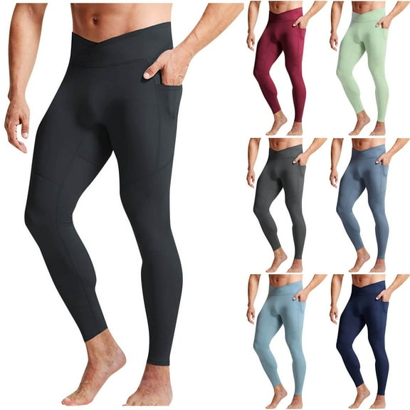 DDAPJ pyju Mens Yoga Compression Pants High Waisted Athletic Leggings with Pockets Running Workout Basketball Quick Dry Base Layer Tights Gray M