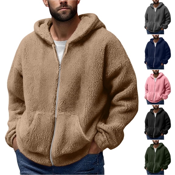 DDAPJ pyju Mens Zip Up Hoodies Fuzzy Fleece Jacket Warm Winter Plush Jackets Hooded Fluffy Outerwear with Pockets Coffee S