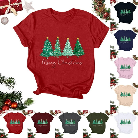 DDAPJ pyju Merry Christmas Tree Shirts Christmas T Shirts Women Funny Christmas Tee Shirts Xmas Holiday Party Tops Wine XL