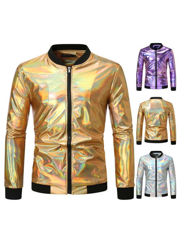 Metallic Jacket for Mens Zipper Up Varsity Bomber Jackets 70s Disco Costume Shinny Party Coat Silver S