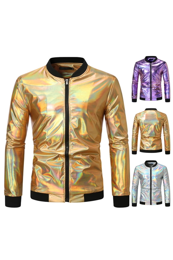 Metallic Jacket for Mens Zipper Up Varsity Bomber Jackets 70s Disco Costume Shinny Party Coat Silver S