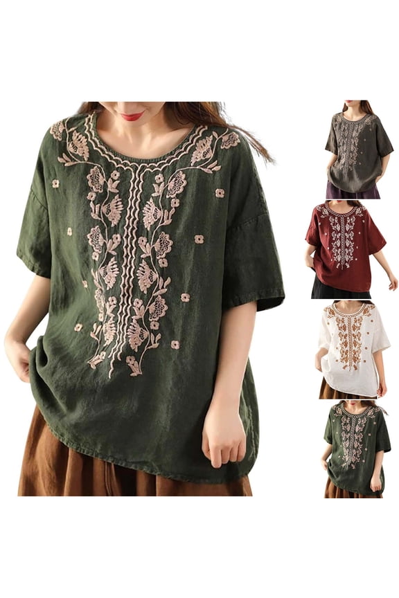 Mexican Shirts Peasant Blouses Cotton Linen Floral Embroidered Shirt Short Sleeve Bohemian Tops Boho Clothes for Women Summer Liquidación de hoy Green L