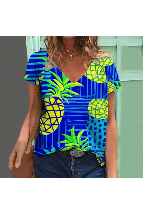 Novelty Graphic Tees for Women Colorful Pineapple Print Short Sleeve V Neck T-shirt Summer Casual Loose Tee Tops Hawaiian Beach Blouses Multicolor M