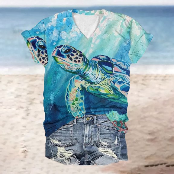 DDAPJ pyju Novelty Graphic Tees for Women Sea Turtle Print Short Sleeve V Neck T-shirts Summer Casual Beach Vacation Tee Tops Mint Green XXL