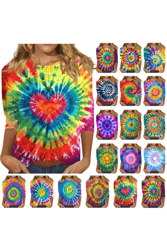 Novelty Graphic Tees for Women 2025 Fashion Tie Dye 3/4 Sleeve Crewneck T-shirt Casual Spring Blouse Tops Multicolor S