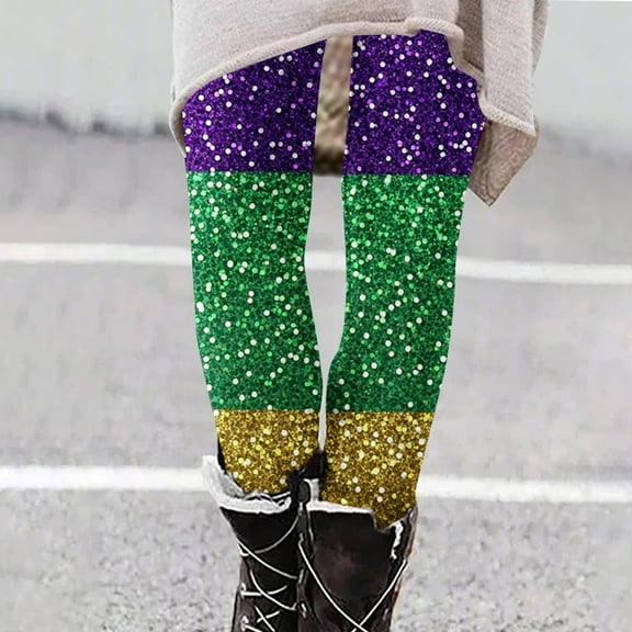 DDAPJ pyju Novelty Leggings for Women 2025 Mardi Gras Sequin Striped Tights New Orleans Carnival Color Block Casual Workout Yoga Pants on Sale Multicolor XXL