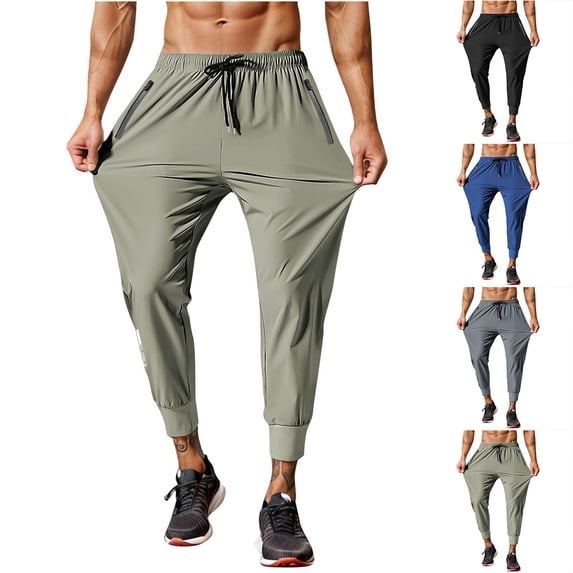 DDAPJ pyju Nylon Workout Pants for Men Drawstring Joggers Sweatpants Lightweight Quick Dry Gym Athletic Pants with Zipper Pockets Khaki L