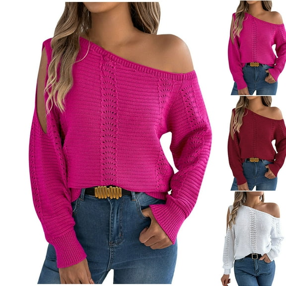 DDAPJ pyju Off The Shoulder Sweater for Women Hollow Out Pullover Sweaters Fall Casual Crochet Knit Long Sleeve Tops White L