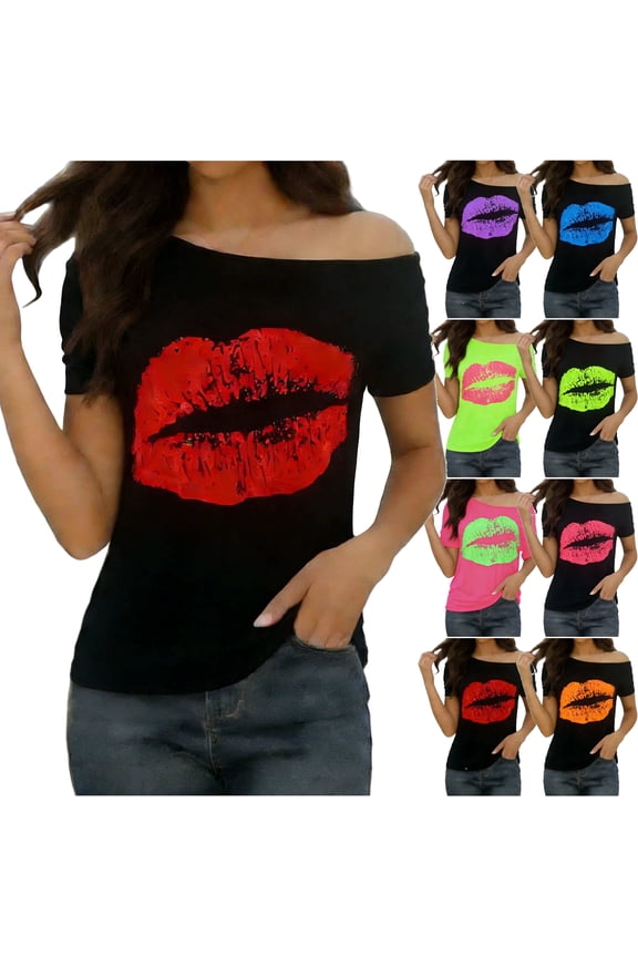 Off The Shoulder Tees for Women Short Sleeve Novelty Graphic Tshirts Date Night Boat Neck Tops Orange L