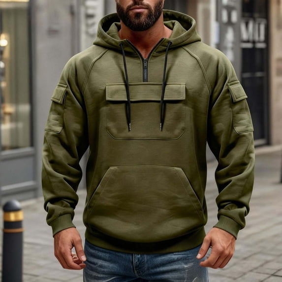 DDAPJ pyju Oversized Cargo Hoodies for Men Quarter Zip Pullover Raglan Long Sleeve Drawstring Athletic Hiking Work Sweatshirts with Multi Pockets XXXL