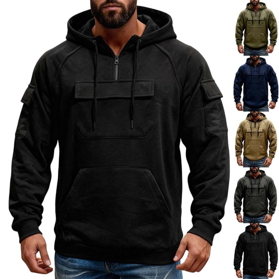 DDAPJ pyju Oversized Cargo Hoodies for Men Quarter Zip Pullover Raglan Long Sleeve Drawstring Athletic Hiking Work Sweatshirts with Multi Pockets L