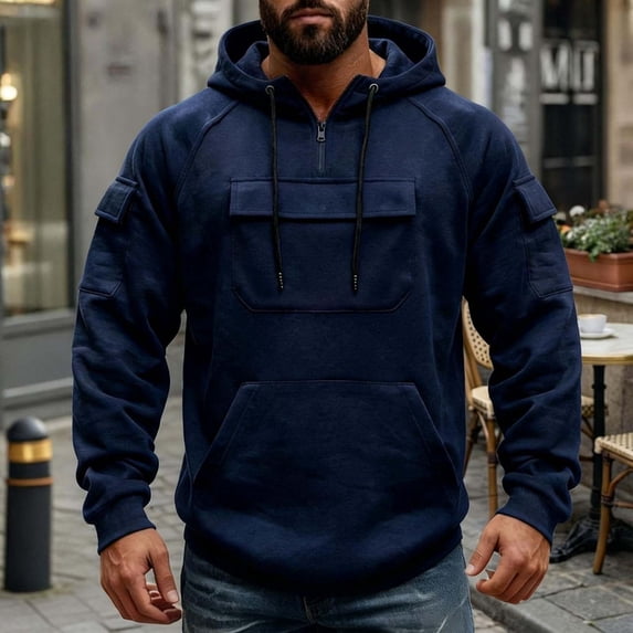 DDAPJ pyju Oversized Cargo Hoodies for Men Quarter Zip Pullover Raglan Long Sleeve Drawstring Athletic Hiking Work Sweatshirts with Multi Pockets M