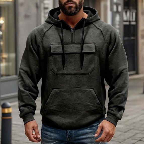 DDAPJ pyju Oversized Cargo Hoodies for Men Quarter Zip Pullover Raglan Long Sleeve Drawstring Athletic Hiking Work Sweatshirts with Multi Pockets XL