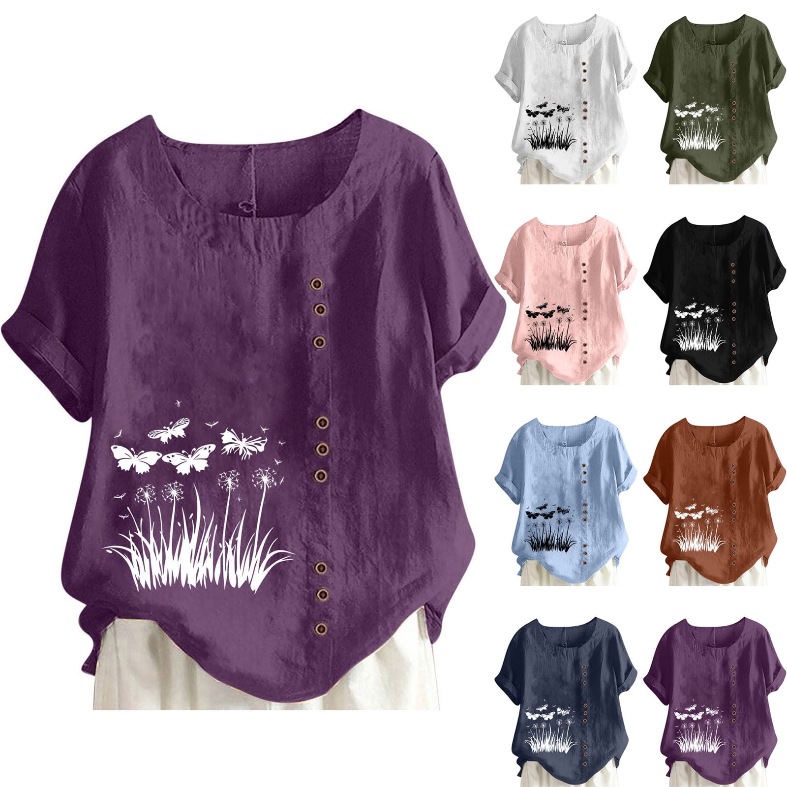 DDAPJ pyju Oversized Crew Neck Linen Tops for Women Short Sleeve Floral ...