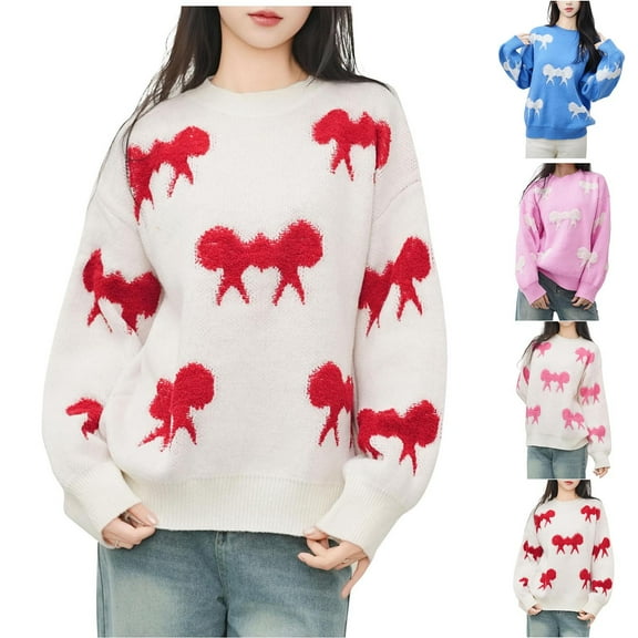 DDAPJ pyju Oversized Crewneck Sweatshirt Women Cute Bow Graphic Sweater Long Sleeve Round Neck Drop Shoulder Pullover Sweaters Red Free Size