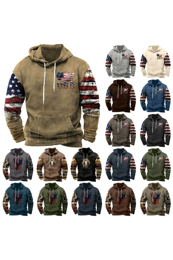 Oversized Graphic Hoodies for Men Distressed American Flag Print Hooded Sweatshirt Vintage Street Hoodie with Kangaroo Pocket s Today Beige XL