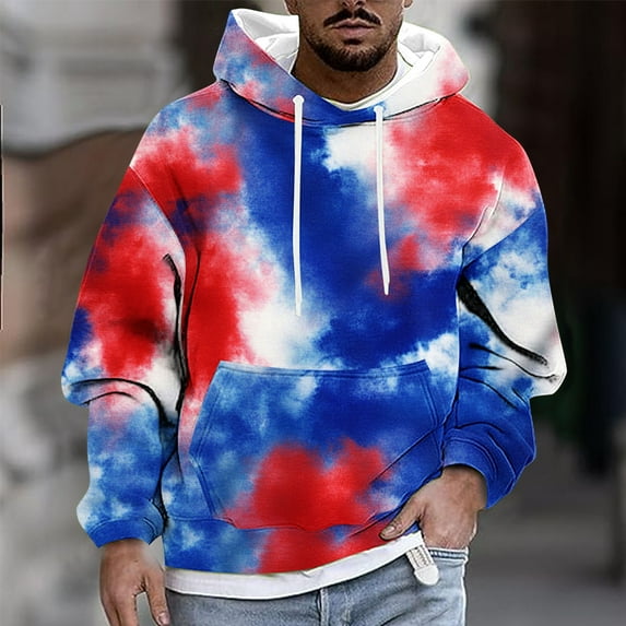 DDAPJ pyju Oversized Graphic Hoodies for Men Tie Dye Print Long Sleeve Drawstring Hooded Sweatshirt Loose Casual Pullover Hoodie with Kangaroo Pocket Blue M