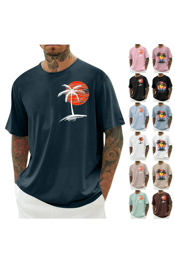 Oversized T Shirts for Man Palm Tree Printed Graphic Tees Casual Summer Hawaiian Beach Tops Short Sleeve Crewneck Tops Rebajas Flash Pink XL