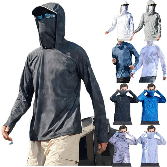 DDAPJ pyju Performance Fishing Hoodie Shirt for Men UPF 50  UV Sun Protection Long Sleeve Hooded T Shirts with Face Mask Gray XXL