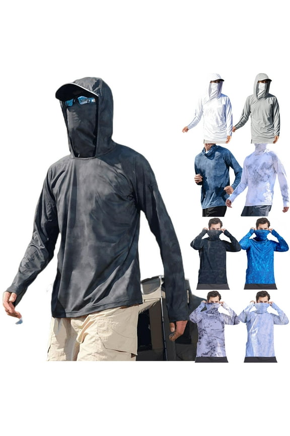 Performance Fishing Hoodie Shirt for Men UPF 50+ UV Sun Protection Long Sleeve Hooded T Shirts with Face Mask Gray XXL