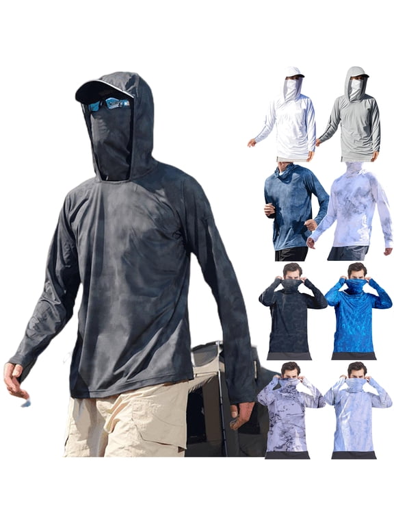 Performance Fishing Hoodie Shirt for Men UPF 50+ UV Sun Protection Long Sleeve Hooded T Shirts with Face Mask Gray XXL