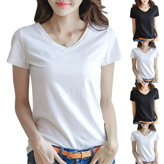 DDAPJ pyju Basic T Shirts for Women Short Sleeve V Neck Tees Summer Trendy Tops Solid Casual Loose Fit Tee Shirt White XXL