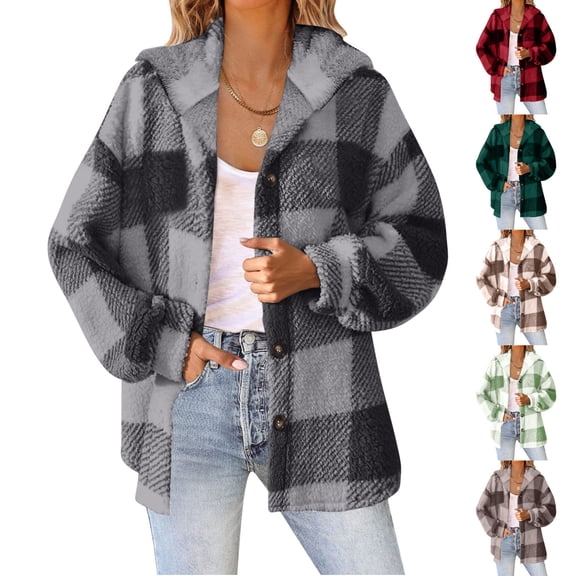 DDAPJ pyju Plaid Jacket for Woman Plus Size Fuzzy Fleece Jackets Button Down Shacket Jacket Oversized Hooded Fuzzy Outerwear Army Green M