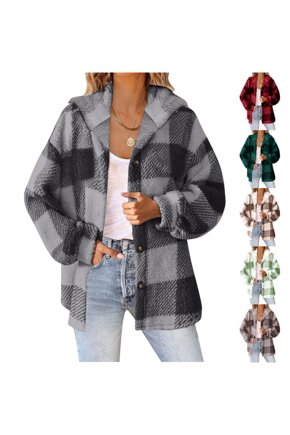 Plaid Jacket for Woman Plus Size Fuzzy Fleece Jackets Button Down Shacket Jacket Oversized Hooded Fuzzy Outerwear Red XXL