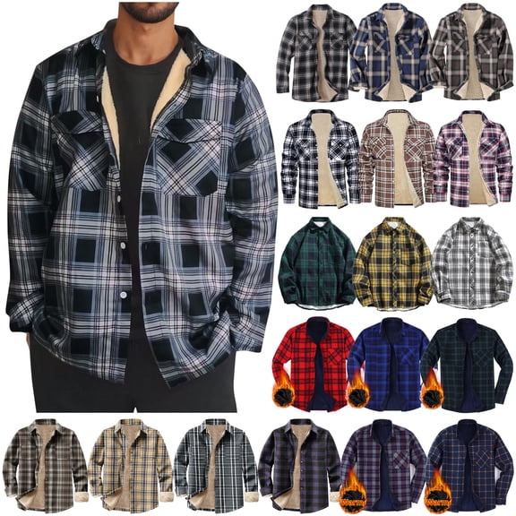 DDAPJ pyju Plaid Shackets for Men Sherpa Fleece Lined Button Down Shirts Long Sleeve Western Cowboy Work Shirt Trendy Casual Outerwear Black XL
