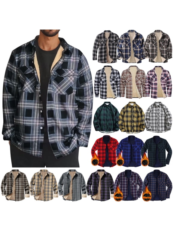 Plaid Shackets for Men Sherpa Fleece Lined Button Down Shirts Long Sleeve Western Cowboy Work Shirt Trendy Casual Outerwear Gray M
