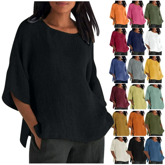 DDAPJ pyju Plus Size 3/4 Linen T-Shirt for Women Basic Solid Summer Blouses Loose Fit Crew Neck Tops Casual Loose Flowy Shirt Hot Pink XXXXXL