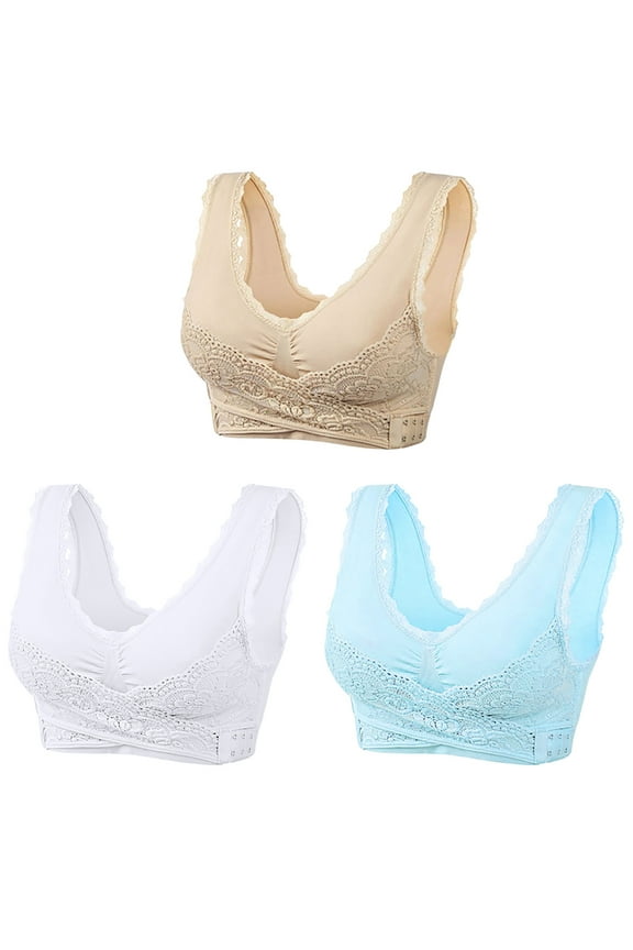Plus Size Bras for Older Women 2025,Front Cross Side Buckle Lace Bras Wireless Push Up Seamless Wrap Around Bra 3-Pack