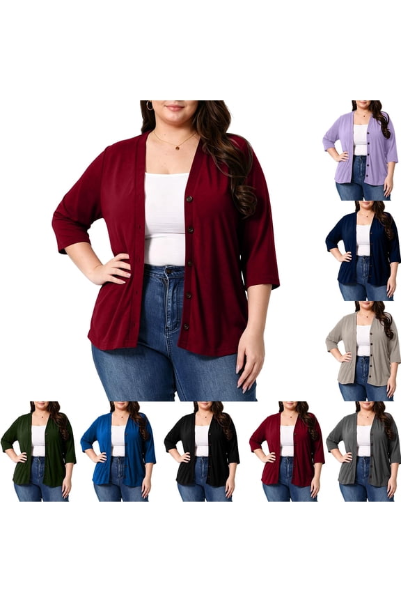 Plus Size Cardigan for Women 3/4 Sleeve Loose Button Down Cardigans Lightweight Comfy Cover Up Tops Navy XXL