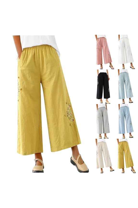 Plus Size Cotton Linen Pants Women Floral Embroidery Wide Leg Cropped Pants Elastic High Waisted Palazzo Pants with Pockets Black XL