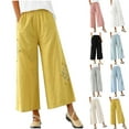 thumbnail image 1 of DDAPJ pyju Plus Size Cotton Linen Pants Women Floral Embroidery Wide Leg Cropped Pants Elastic High Waisted Palazzo Pants with Pockets Sales of Today Beige L, 1 of 8