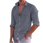 DDAPJ pyju Plus Size Cotton Linen Shirts for Men on Clearance,Casual Long Sleeve Button Down Shirts Slim Fit Banded Collar Business Shirt Solid Roll-Up Sleeve Work Shirts S - 4XL