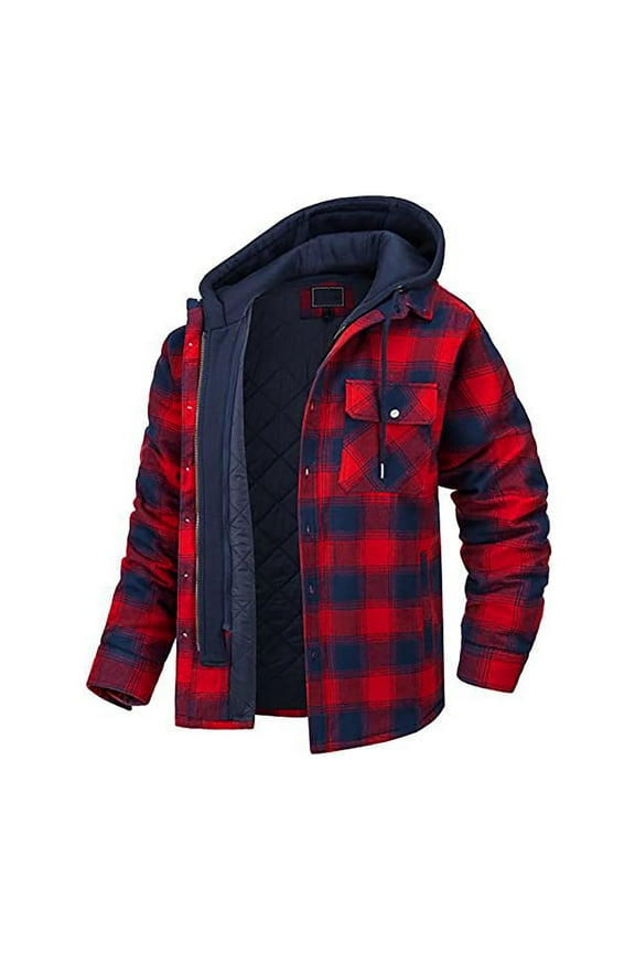 Plus Size Hooded Jacket for Men Clearance Sales,Thick Plaid Shirt Jacket Quilted Lined Zip Up Hoodies Winter Warm Coat with Pockets S - 5XL