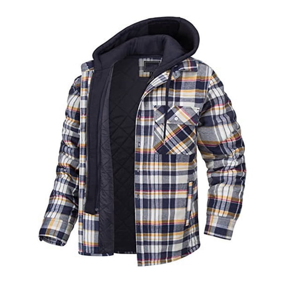 DDAPJ pyju Plus Size Hooded Jacket for Men Clearance Sales,Thick Plaid Shirt Jacket Quilted Lined Zip Up Hoodies Winter Warm Coat with Pockets S - 5XL