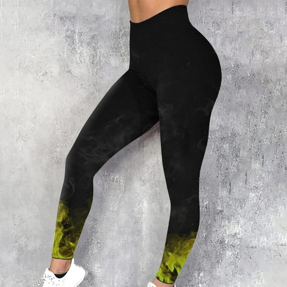 DDAPJ pyju Plus Size Leggings for Women High Waist Tummy Control Yoga Pants Novelty 3D Flame Print Casual Tights Buttery Soft Milk Silk Legging Yellow L