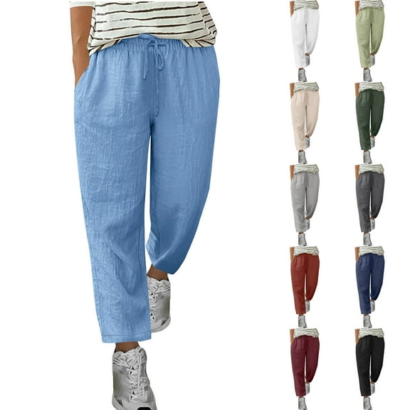 DDAPJ pyju Plus Size Linen Pants for Women Solid Casual Summer Pants High Waisted Drawstring Staight Leg Pants Lightweight Comfy Beach Trousers with Pockets Daily Sales Black XXXXL
