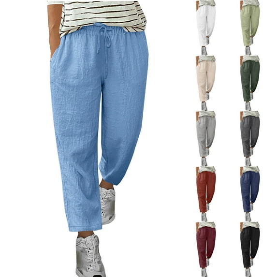 DDAPJ pyju Plus Size Linen Pants for Women Solid Casual Summer Pants High Waisted Drawstring Staight Leg Pants Lightweight Comfy Beach Trousers with Pockets Red S