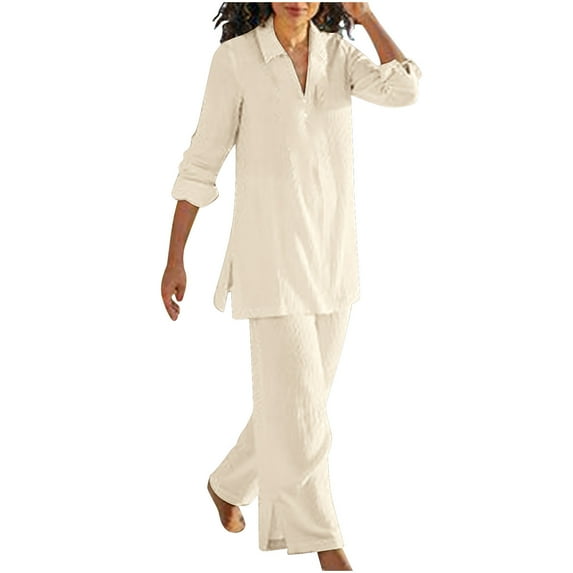 DDAPJ pyju Plus Size Linen Set for Women,2 Piece Vintage Lounge Sets Long Sleeve V Neck Side Slit Blouse Top Wide Leg Pants Matching Loungewear S - 5XL
