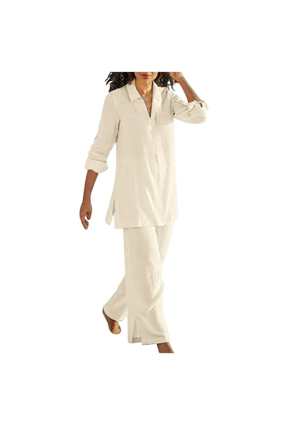 Plus Size Linen Set for Women,2 Piece Vintage Lounge Sets Long Sleeve V Neck Side Slit Blouse Top Wide Leg Pants Matching Loungewear S - 5XL